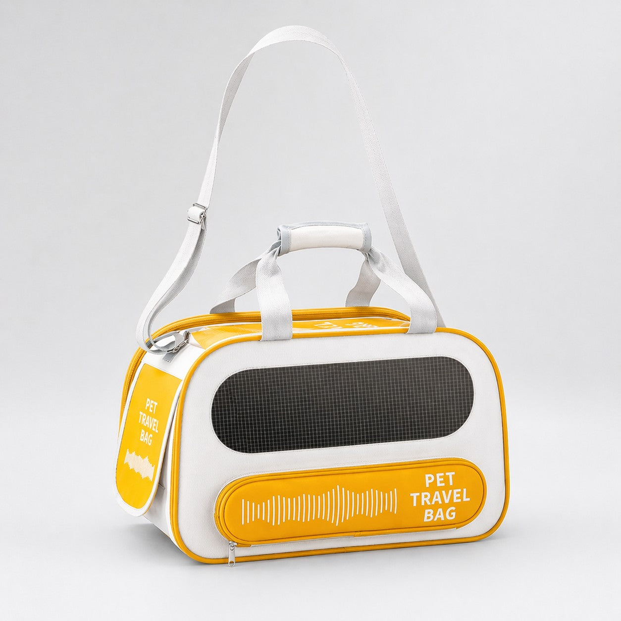 Yellow and white airline-approved pet carrier bag with mesh front panel, shoulder strap, and front pocket, shown in a clean studio product image.