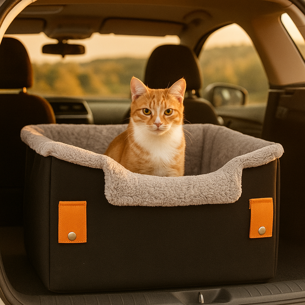 Orange cat sitting in a soft-lined pet booster seat inside a car for comfortable travel