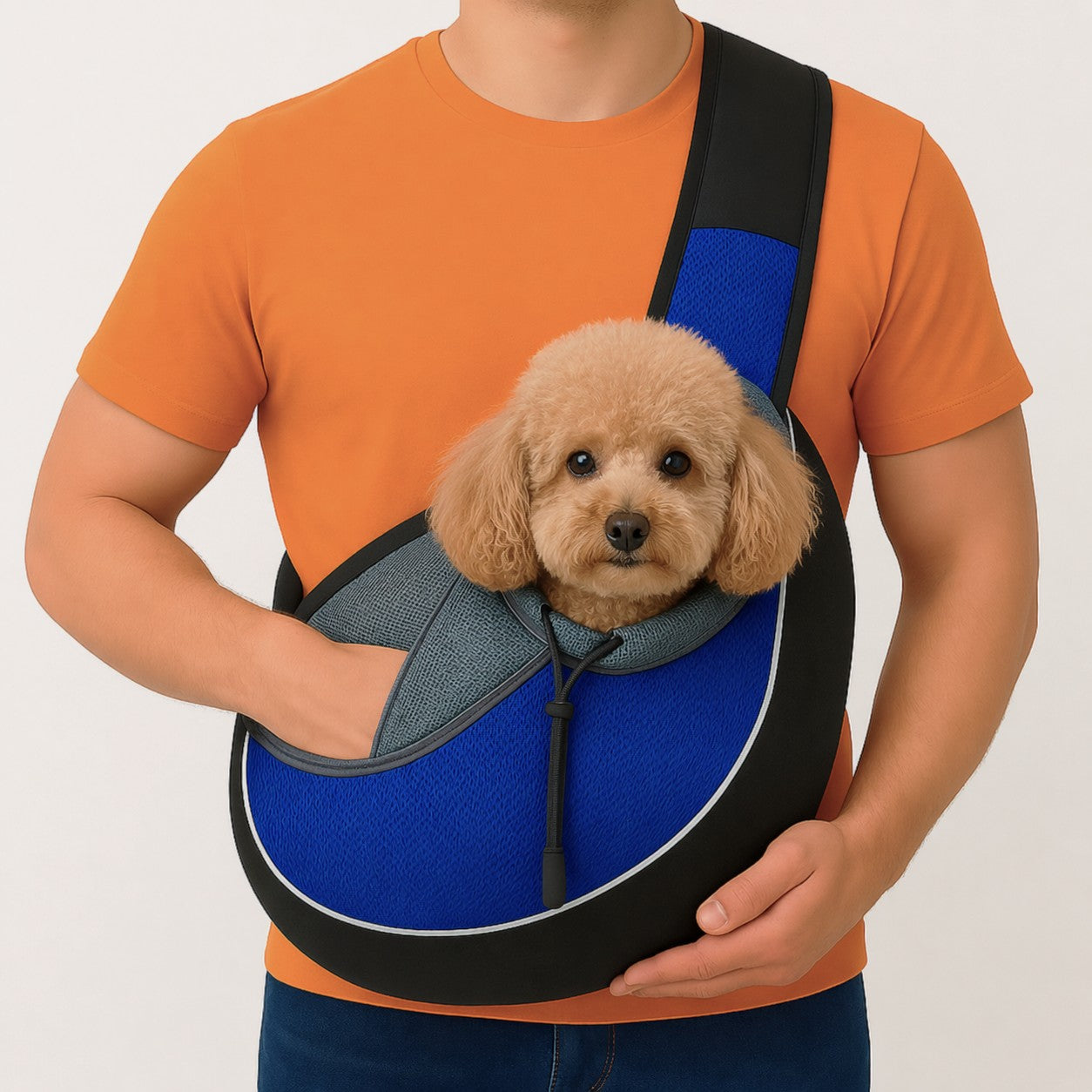 Man wearing a blue and grey crossbody pet carrier bag with a small poodle sitting comfortably inside