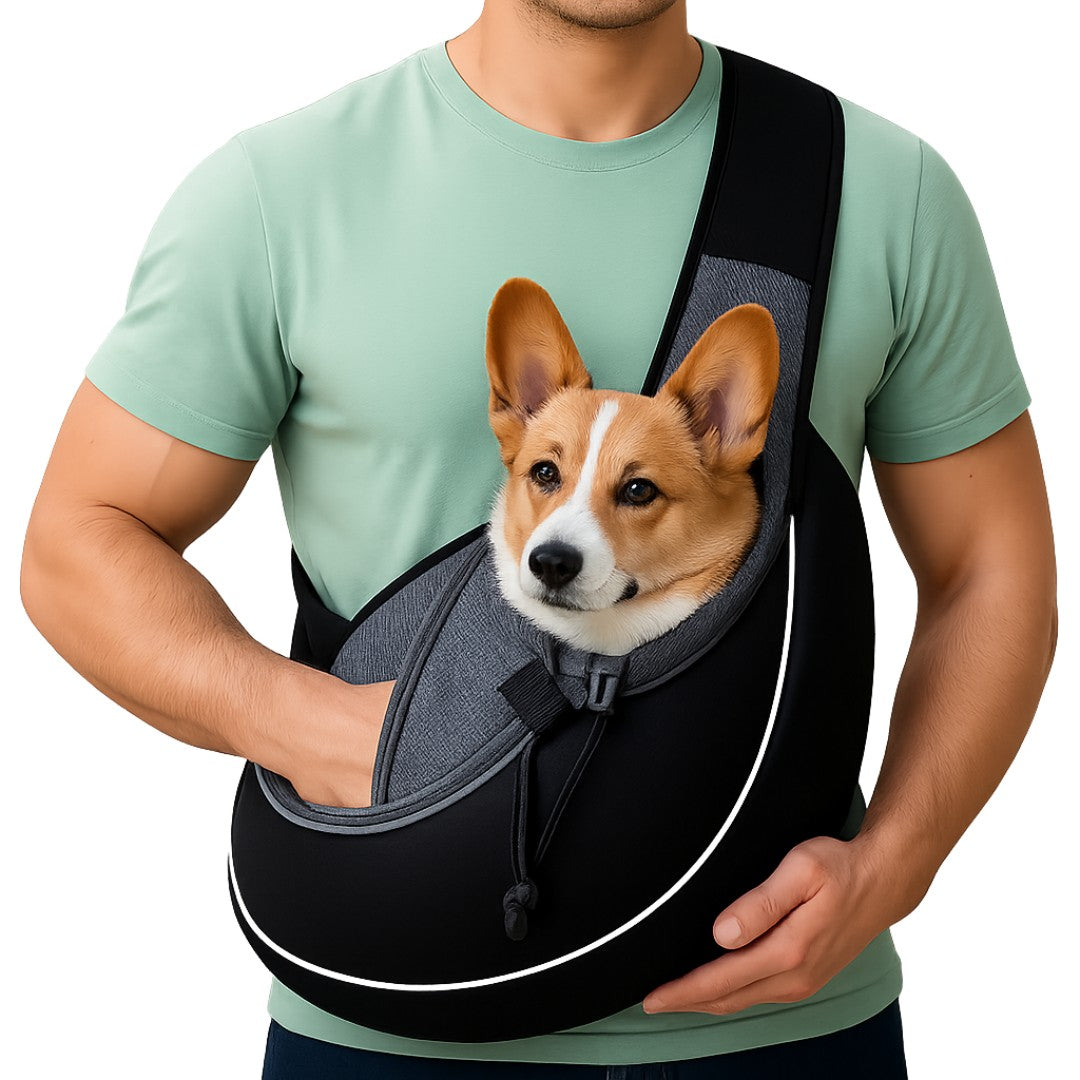 Man wearing a black and grey crossbody pet carrier bag with a corgi sitting securely inside