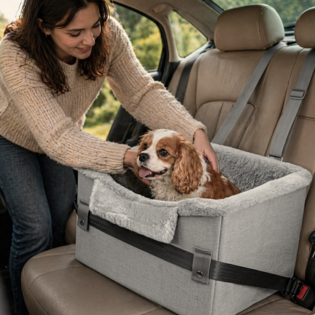 Small dog sitting calmly in a cozy pet booster seat in the back seat of a car