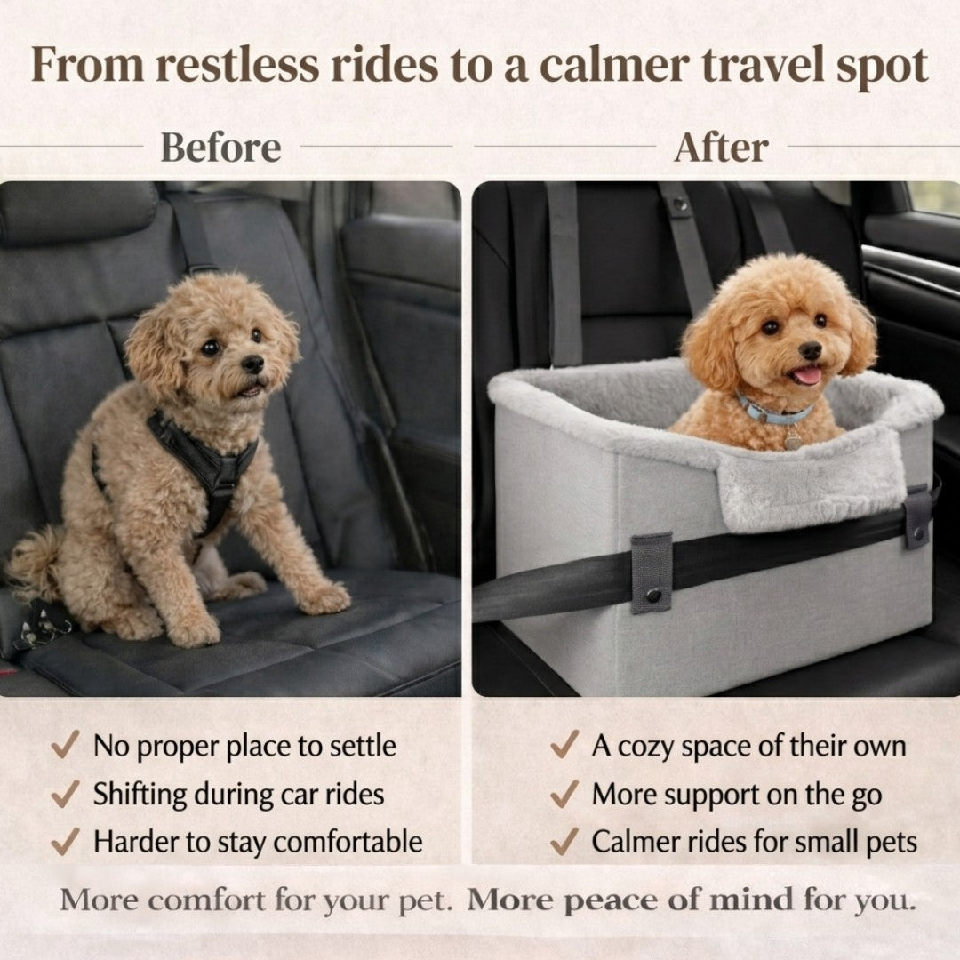 Side-by-side comparison of a small dog in a car before and after using the Treeho pet booster seat, showing a calmer and more comfortable travel spot.