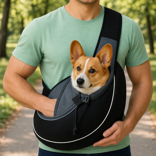 A man wears a black crossbody pet sling while carrying a corgi on an outdoor path.