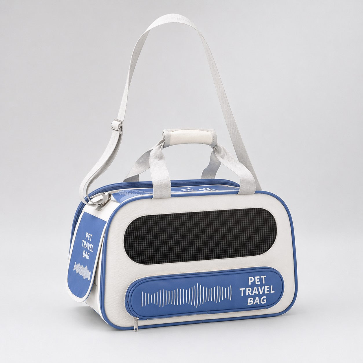 Blue and white airline-approved pet carrier bag with mesh front panel, shoulder strap, and front pocket, shown in a clean studio product image.