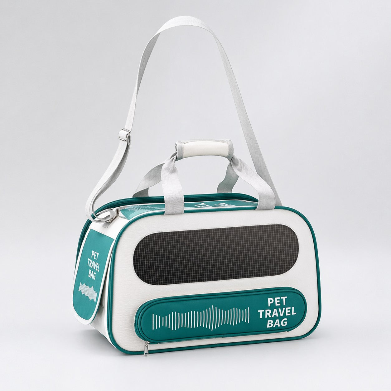 Teal and white airline-approved pet carrier bag with mesh front panel, shoulder strap, and front pocket, shown in a clean studio product image.