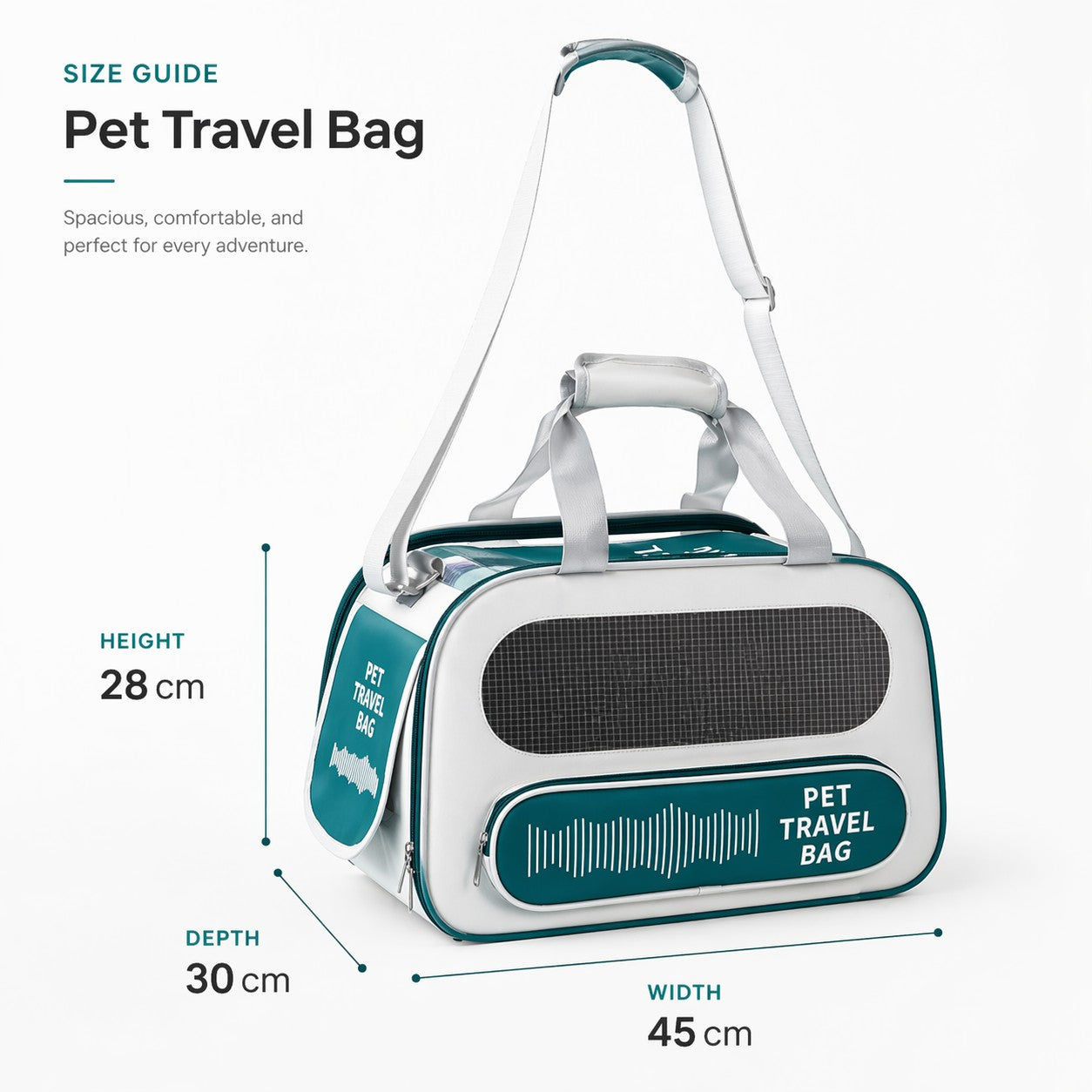 Size guide for the teal airline-approved pet carrier bag showing dimensions of 45 cm width, 30 cm depth, and 28 cm height.