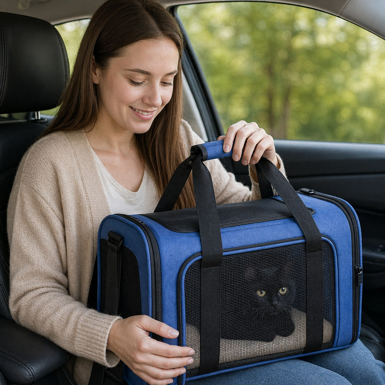 A woman sitting in a car holding a blue soft-sided pet carrier with a black cat resting inside behind the mesh panel.