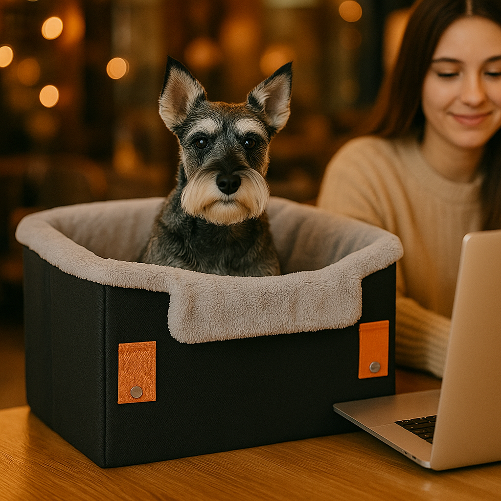 Woman sitting beside a small dog in a cozy booster seat, showing a snug and supported spot for everyday pet travel.