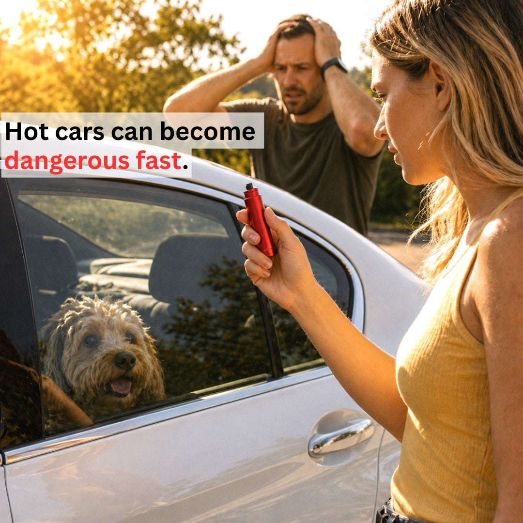 Woman holding a red emergency escape tool beside a pearl white car with a dog inside, showing a pet car safety rescue moment