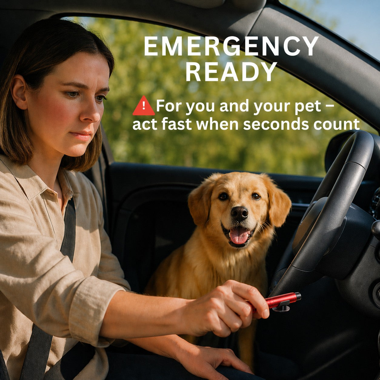 Driver holding a red emergency window breaker inside a car with a golden retriever beside her, highlighting quick access for pet travel safety.