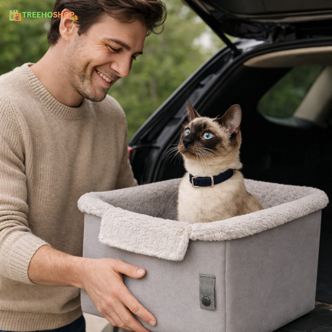 Man carrying a gray pet booster seat with a Siamese cat beside an open car trunk for TreehoShop pet travel lifestyle image