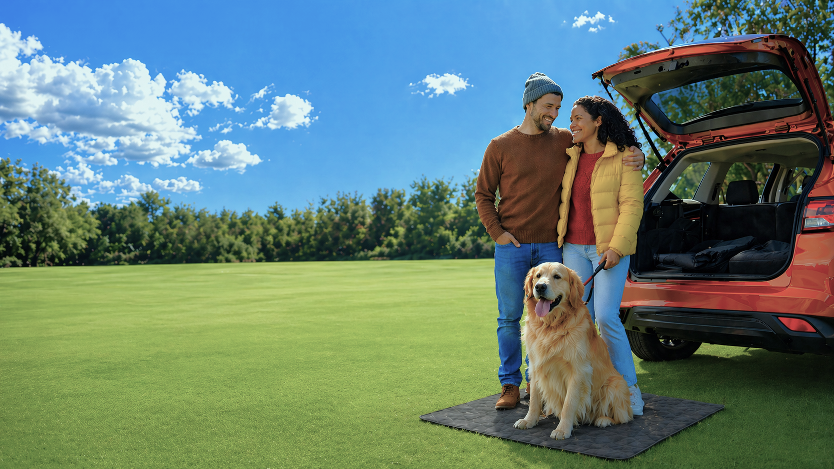 Couple and golden retriever enjoying an outdoor road trip moment beside an orange SUV on a bright green lawn for TreehoShop banner