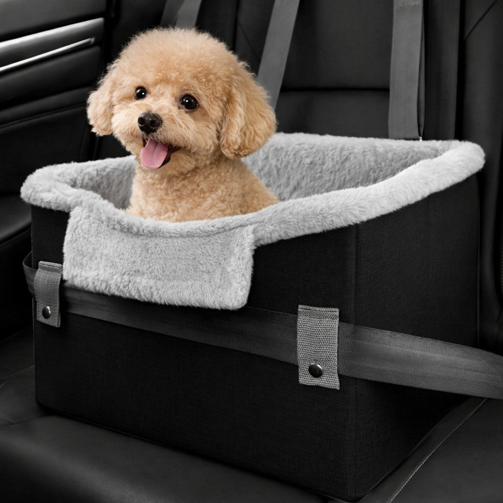 Black pet travel booster seat with gray tabs for small dogs in car