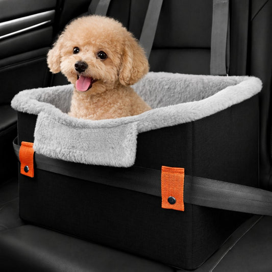 Black pet travel booster seat with orange tabs for small dogs in car