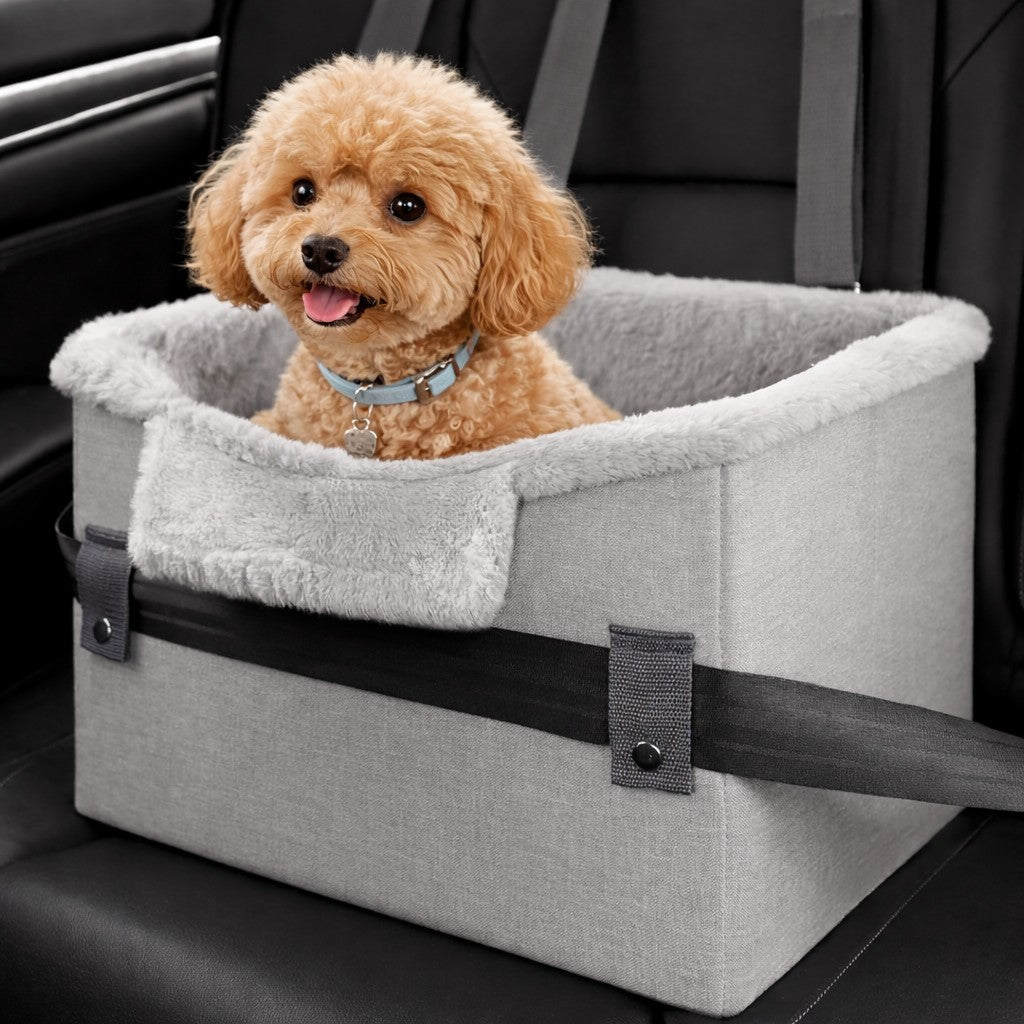 Gray pet travel booster seat for small dogs in car