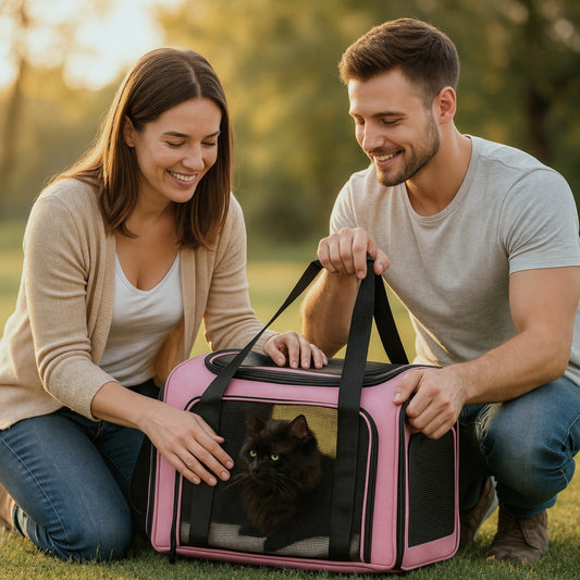 A smiling couple kneeling outdoors beside a pink soft-sided pet carrier with a black cat inside, showing a warm pet travel lifestyle scene.