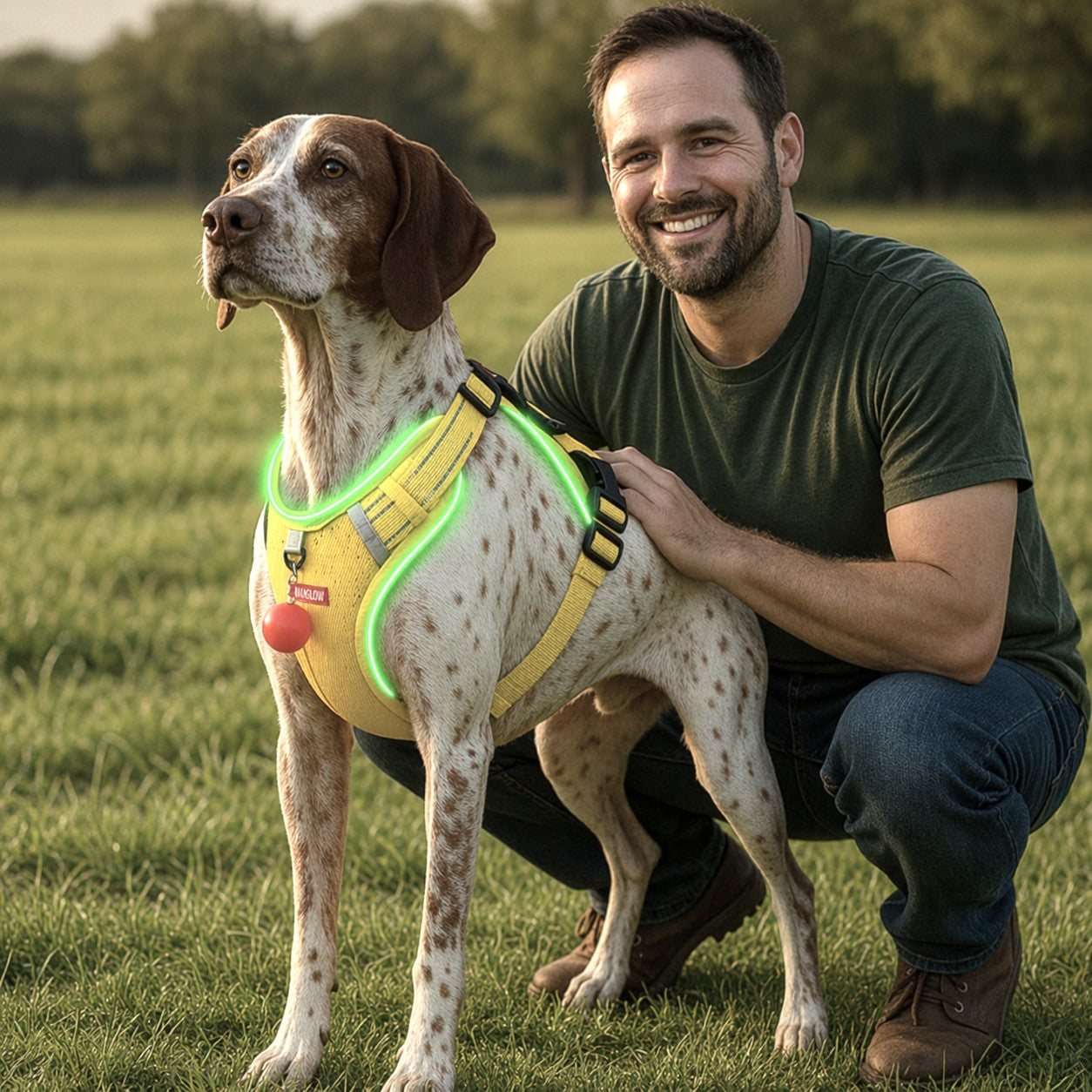 Man kneeling beside a dog wearing a yellow reflective harness with glowing trim in an outdoor grassy field