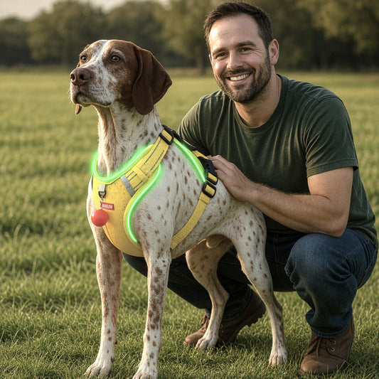 Man kneeling beside a dog wearing a yellow reflective harness with glowing trim in an outdoor grassy field