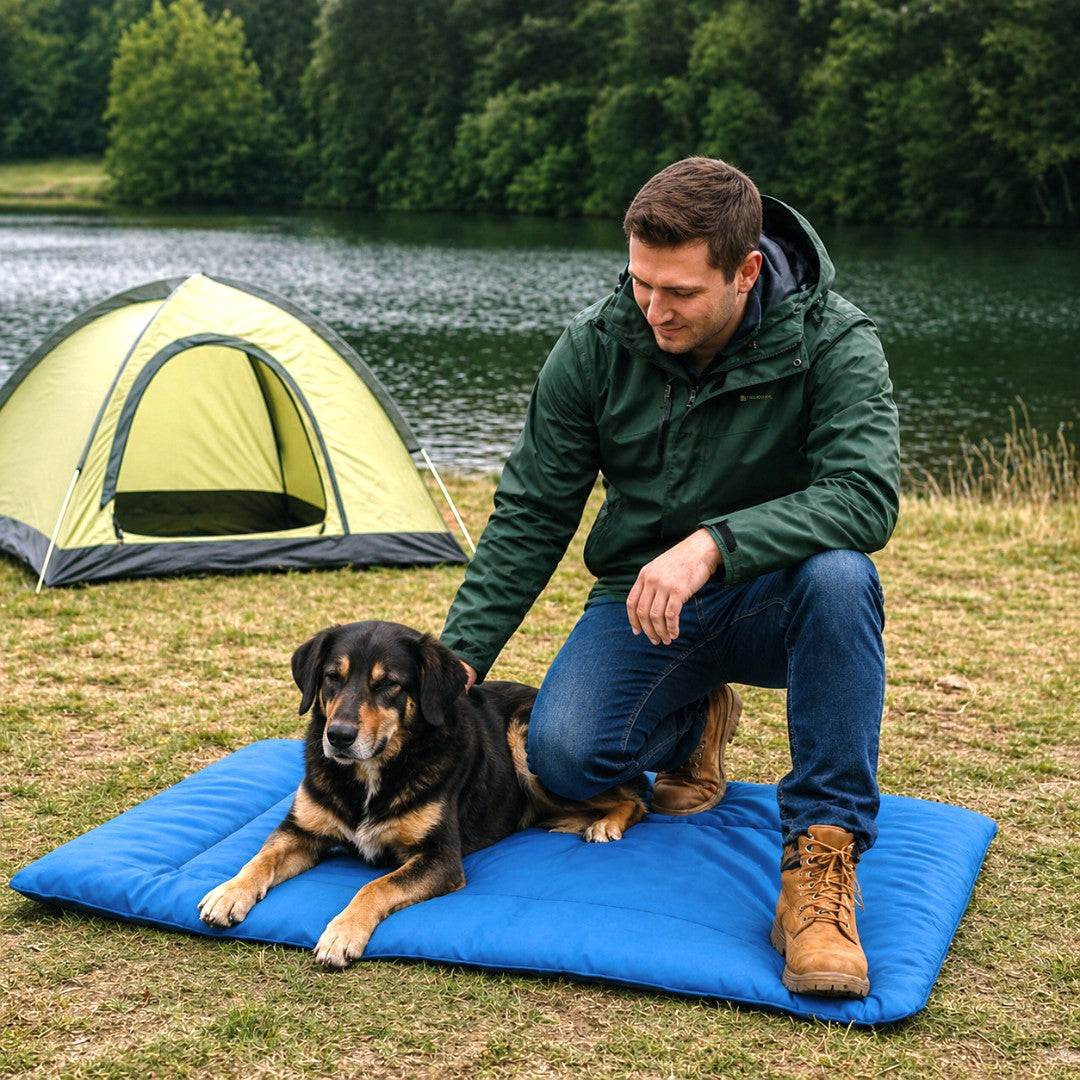 Dog resting on a blue TreehoShop waterproof pet travel mat beside a lakeside campsite with owner and tent