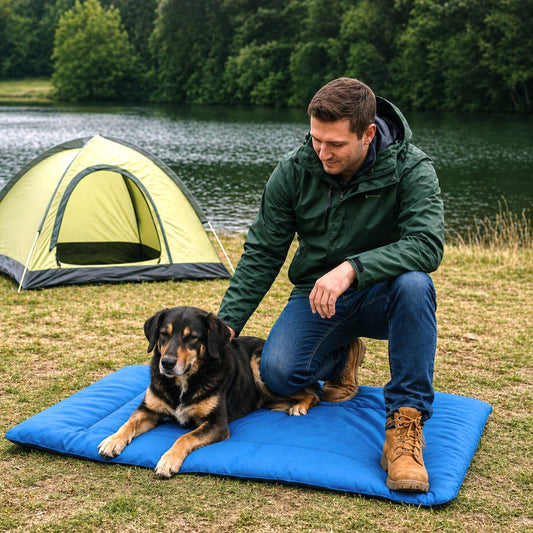 Dog resting on a blue TreehoShop waterproof pet travel mat beside a lakeside campsite with owner and tent